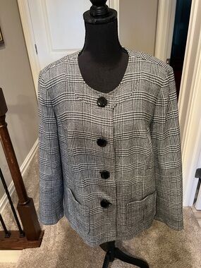 JM Collection Black and White Glen Plaid Round-Neck Blazer